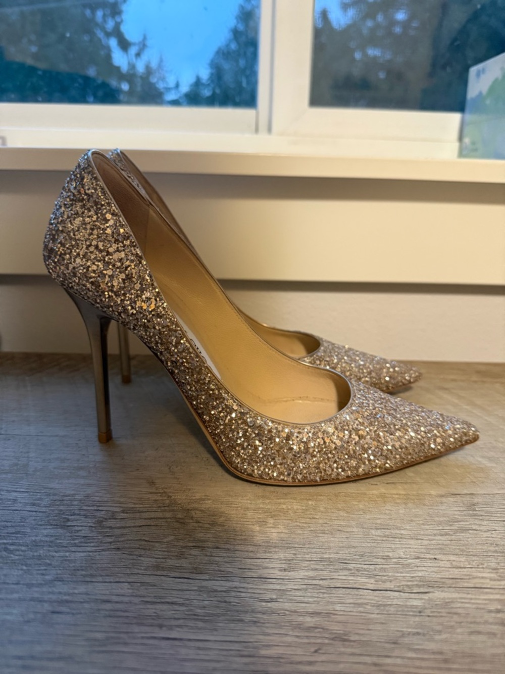 Sparkle Pointed Toe High Heels in Champagne